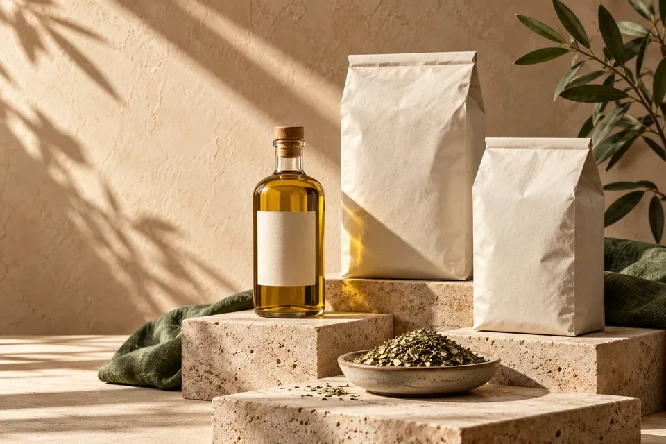 Bodegón conceptual de paquetes sin marca, aceite y yerba. No representa SKU ni stock real